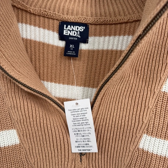 LAND'S END NWT Quarter Zip Striped Sweater Tan White Size XL Chunky Heavyweight - Picture 8 of 11